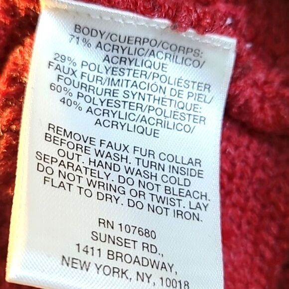 Sunset Rd Red Cardigan Sweater, Tie Front,Short Sleeves, Faux Fur Collar, Medium - Picture 7 of 7